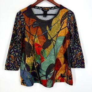 Ali Miles XS Knit Wearable Art Floral Blouse Shirt Top Unique Artsy Fall Winter
